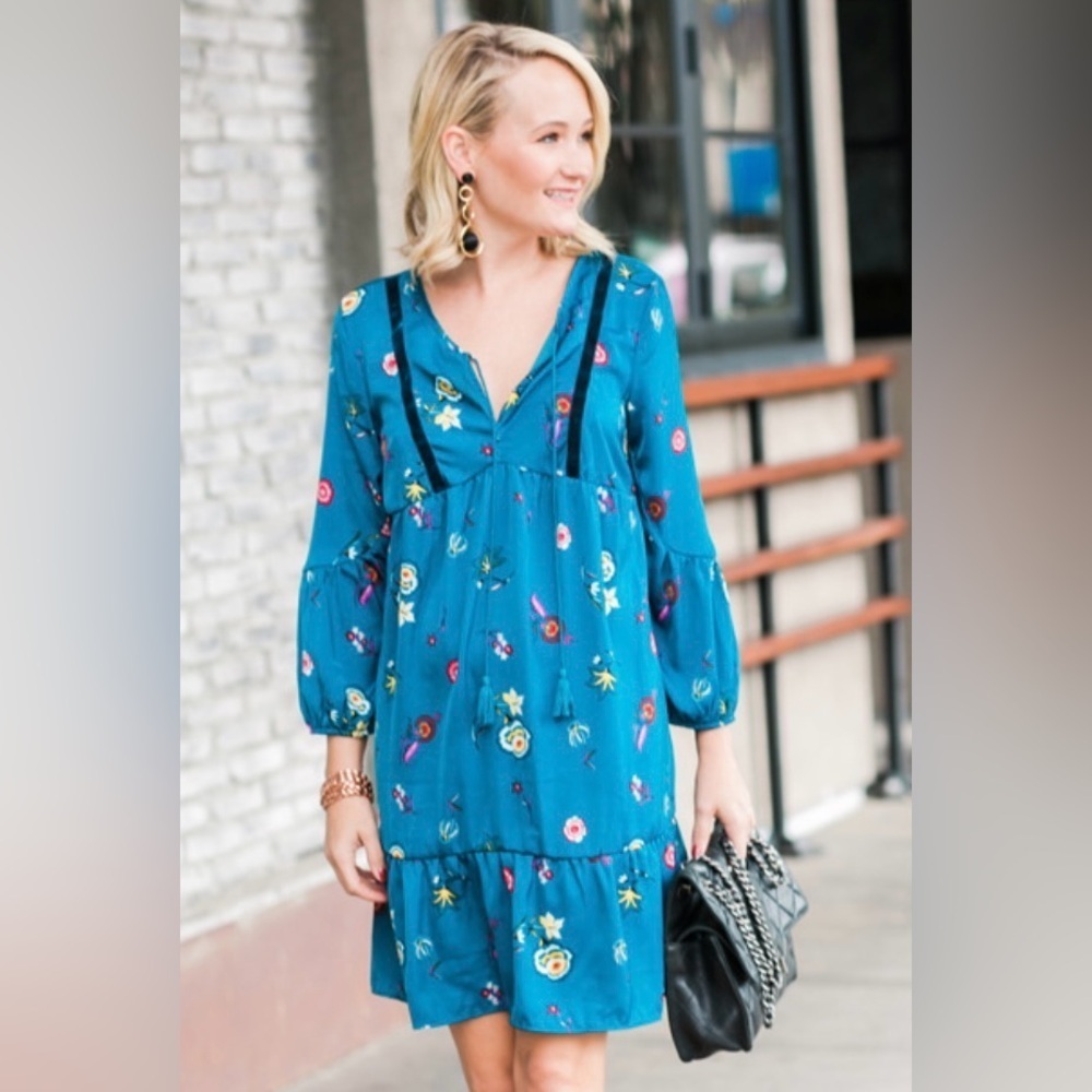 Old Navy Teal Floral Boho Peasant Dress with Velvet Trim Size Large